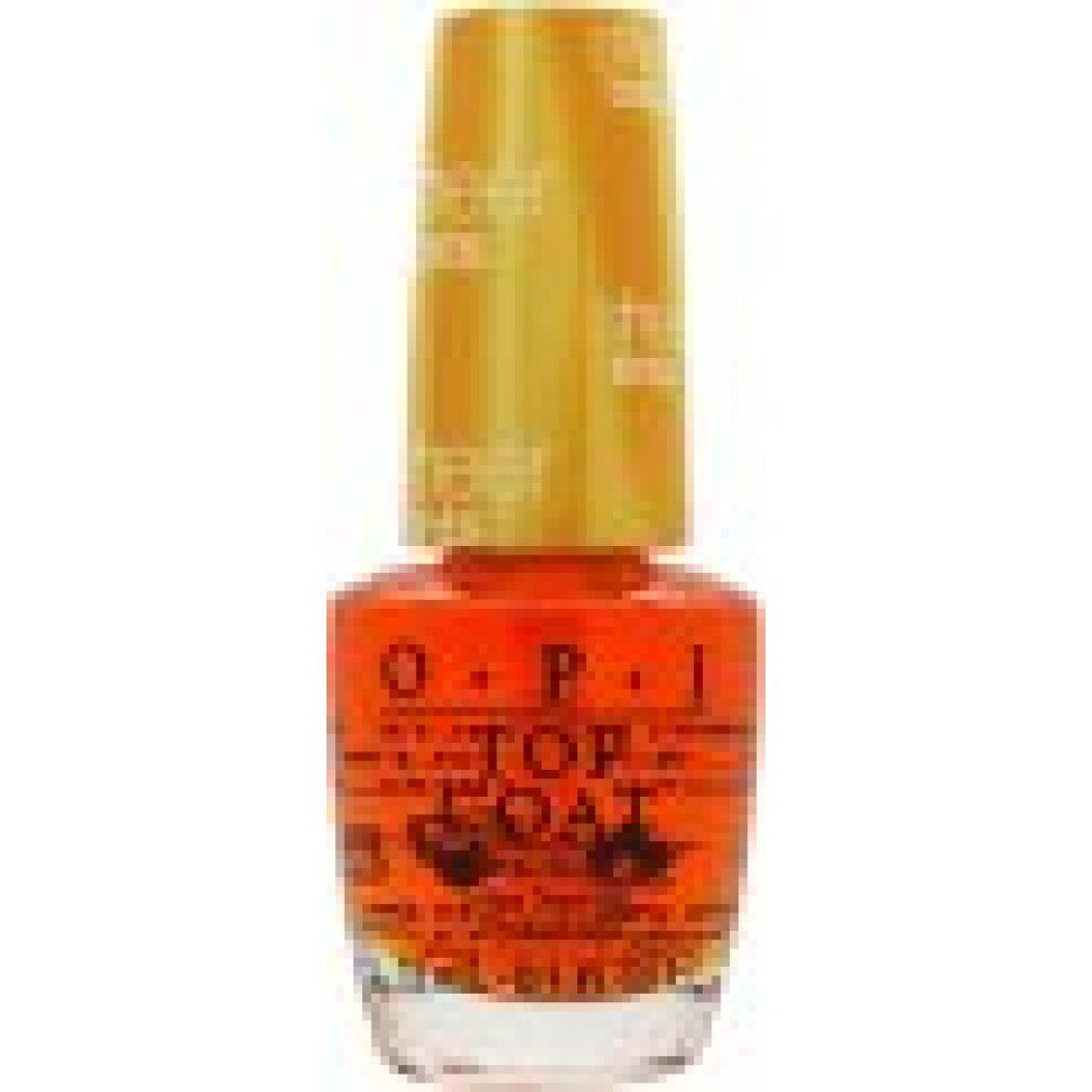 OPI Sheer Tints Top Coat Flasche. Orangefarbener Nagellack. Gelber Deckel mit Schriftzug.