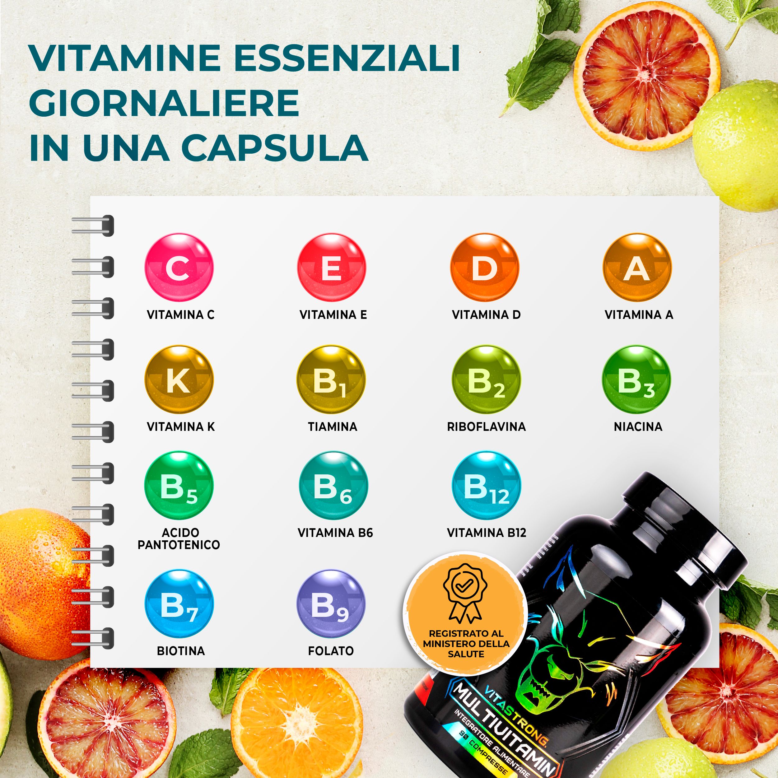 Flacone « Vitastrong Multivitamin ». Grafico con vitamine: C, E, D, A, K, B1, B2, B3, B5, B6, B7, B9, B12.