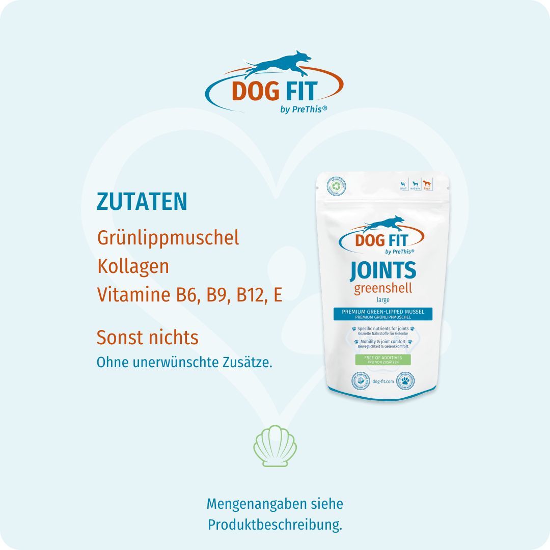 DOG FIT by PreThis® JOINTS greenshell, Beutel. Text: Grünlippmuschel, Kollagen, Vitamine B6, B9, B12, E. Ohne unerwünschte Zusätze.