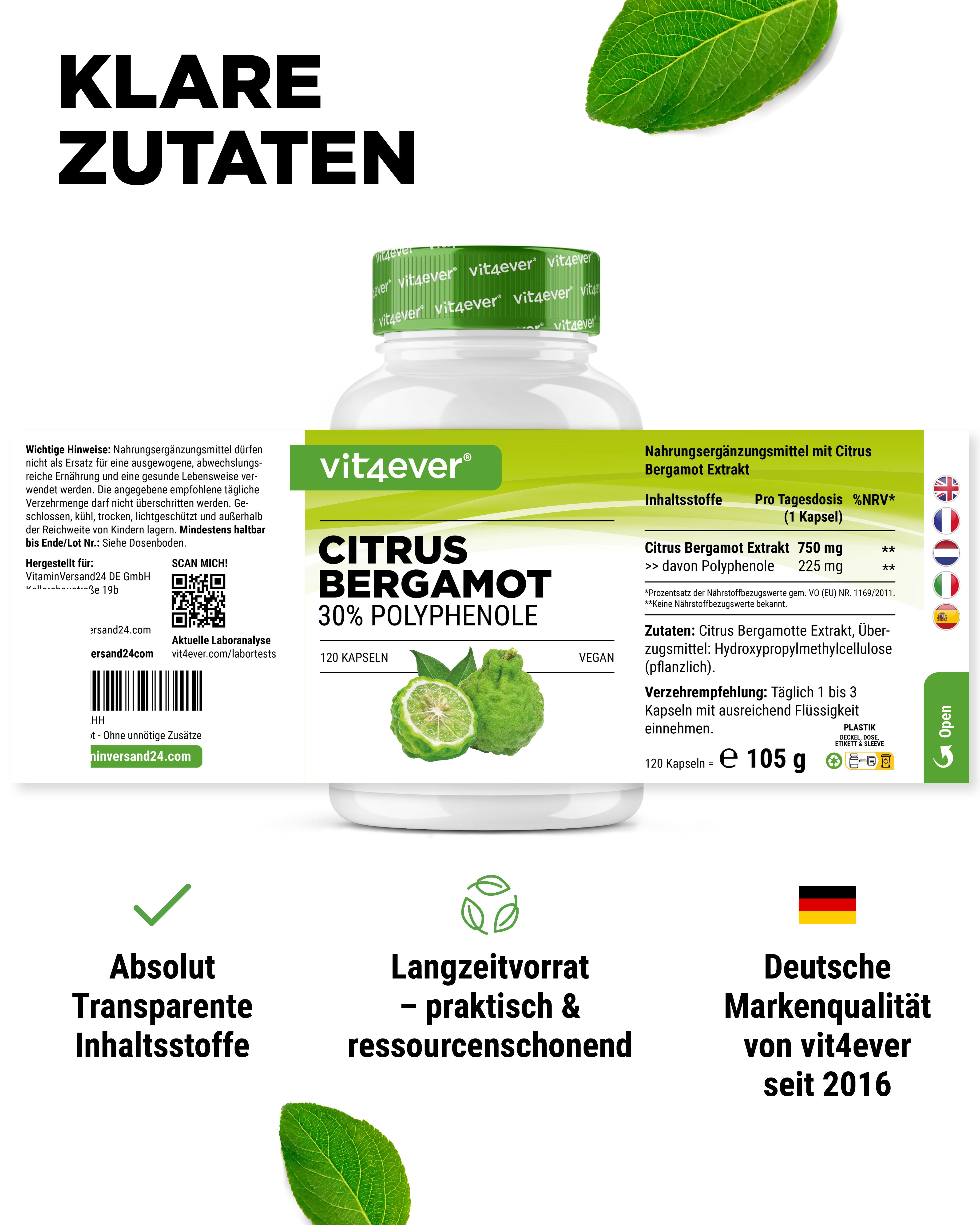 Weißes Fläschchen "vit4ever Citrus Bergamot". Text: "Klare Zutaten". Etikett mit Inhaltsstoffen. Flaggen. Text: "Deutsche Markenqualität".