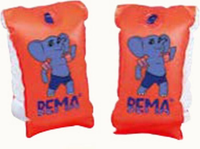 Zwei orangefarbene Schwimmflügel mit blauem Elefanten-Motiv und der Aufschrift "BEMA".