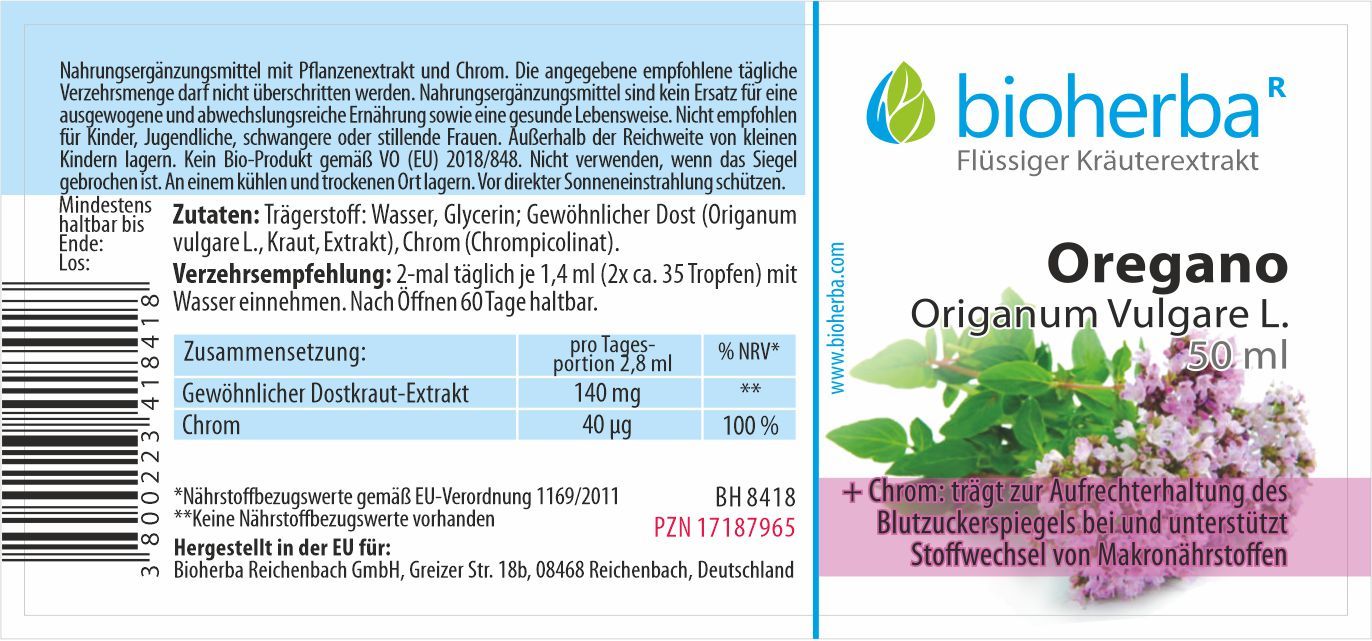 Etikett mit Produktnamen, Kräuterabbildung, Markenlogo und Inhaltsangaben. Text in deutscher Sprache.