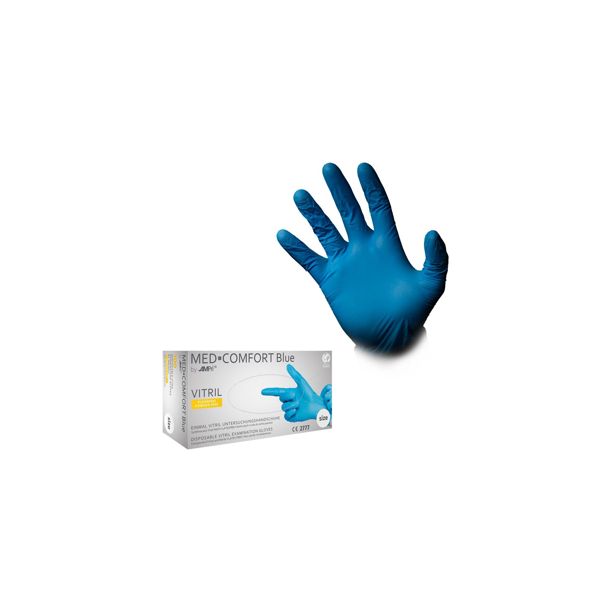 Blauer Vitril-Untersuchungshandschuh und Verpackung.