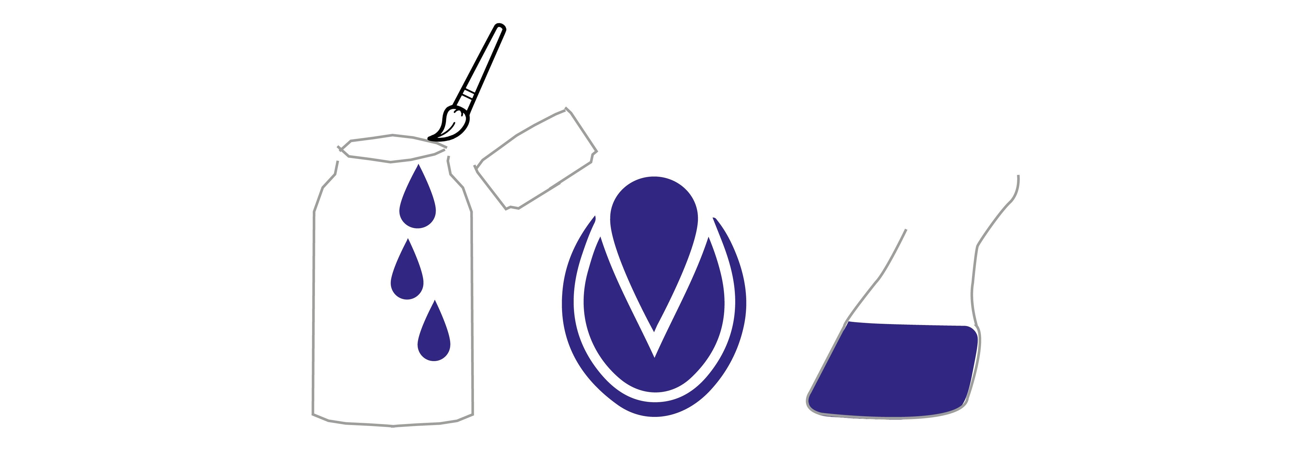 Illustration: Pinsel, offene Flasche mit Tropfen, Logo, Huf-Symbol mit Flüssigkeit.