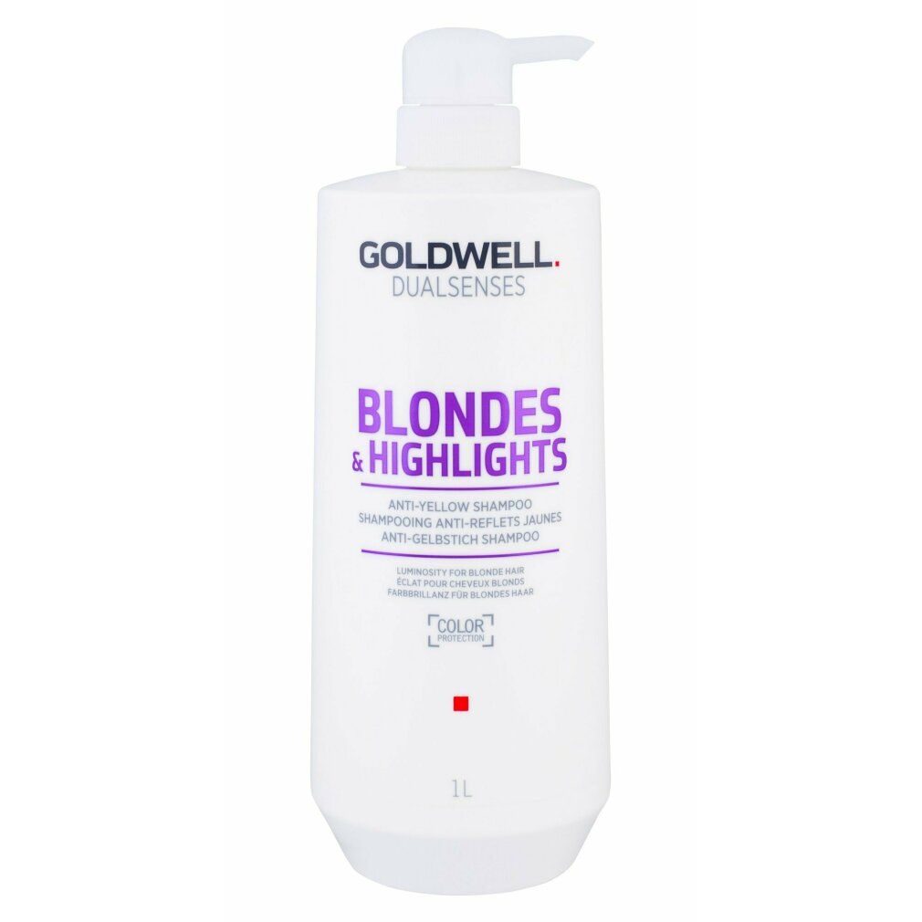 Goldwell Dual Senses Shampoo. Weiße Flasche mit Pumpe. Aufschrift: Blondes & Highlights. 1L.
