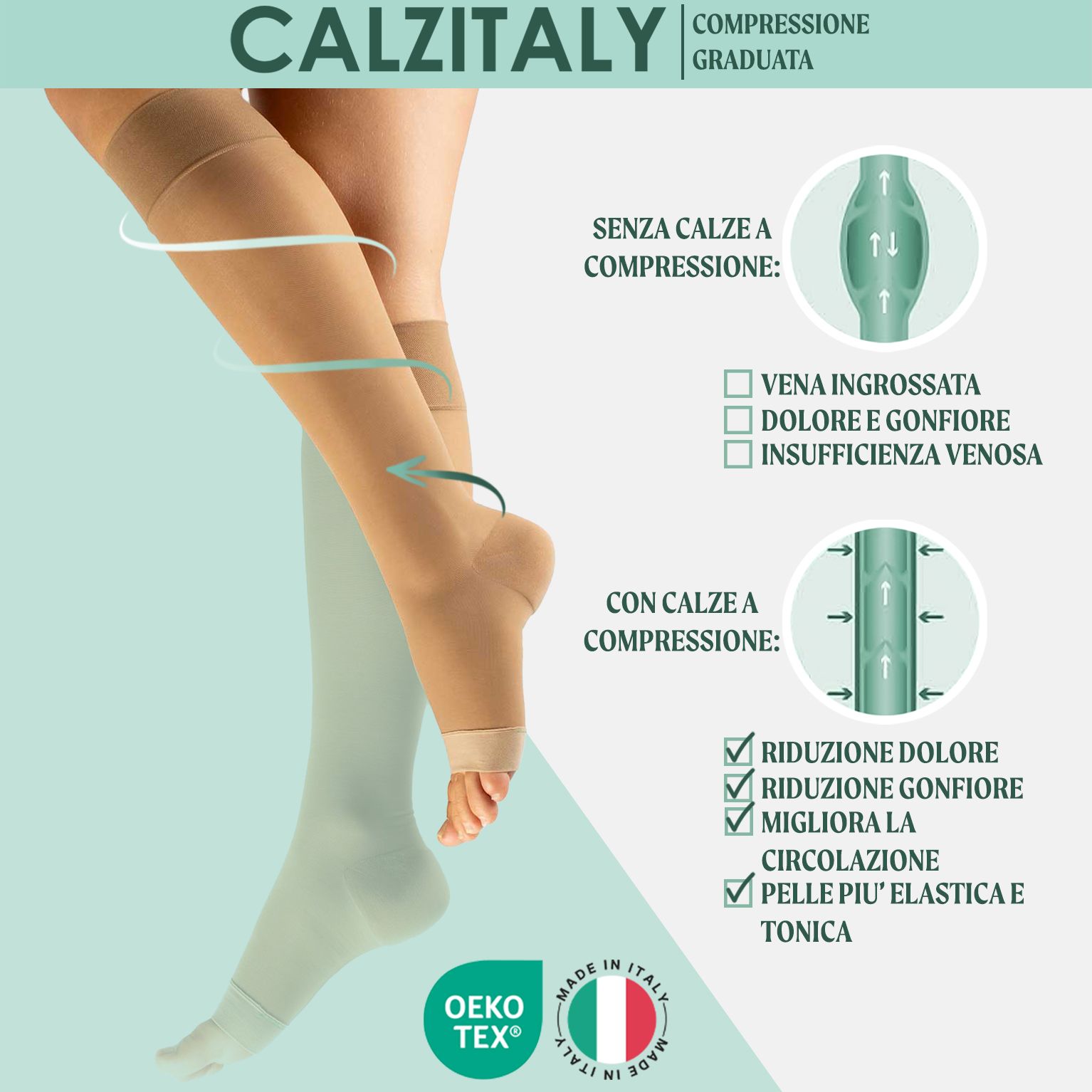 Hautfarbene Kompressionsstrümpfe mit offener Spitze. Vorteile: Reduzierung von Schmerzen, Schwellungen, verbesserte Durchblutung.