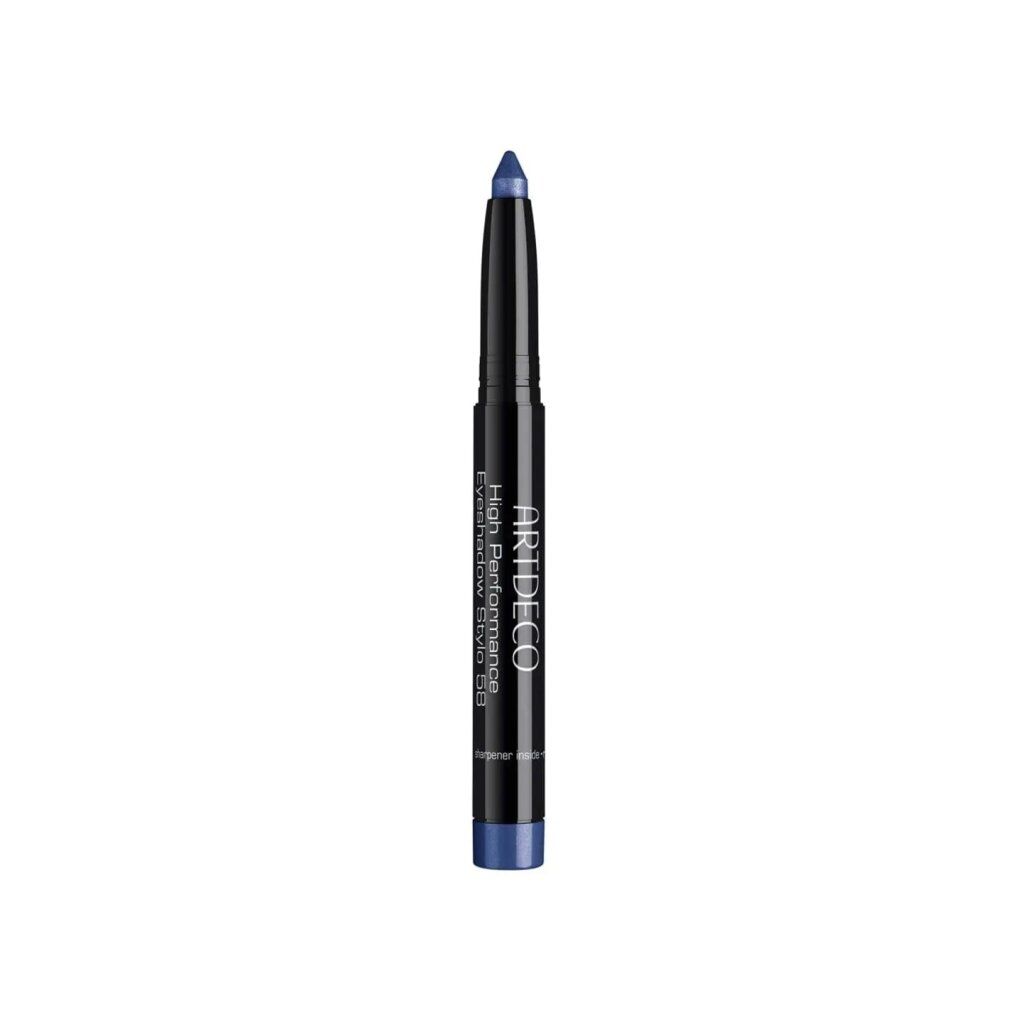 Artdeco High Performance Eyeshadow Stylo. Schwarzer Stift mit blauer Spitze. Aufschrift: ARTDECO, High Performance Eyeshadow Stylo.
