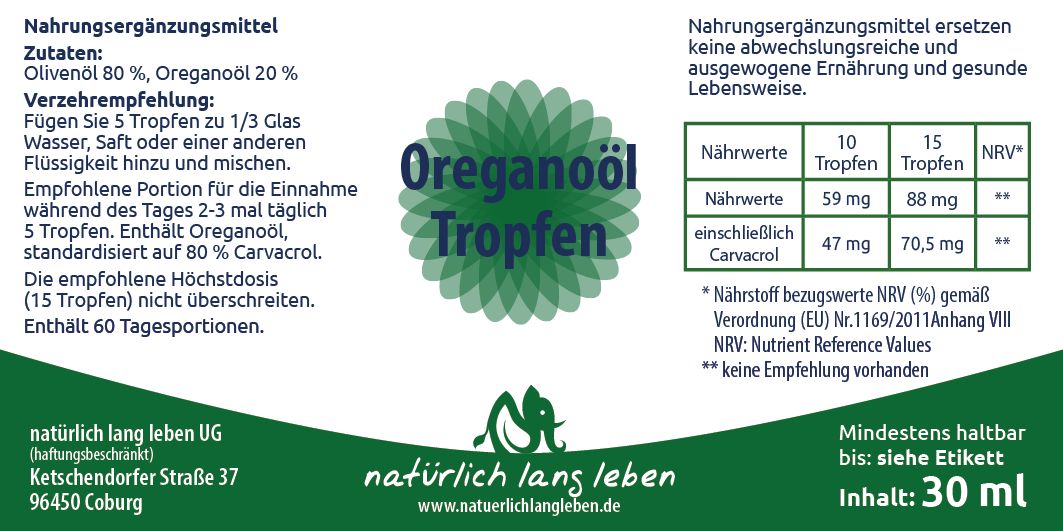 Etikett mit Produktinformationen. Enthält Angaben zu Inhaltsstoffen, Nährwerten und Haltbarkeit. Text in deutscher Sprache.