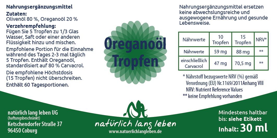 natürlich lang leben Oregano Öl Tropfen 30 ml