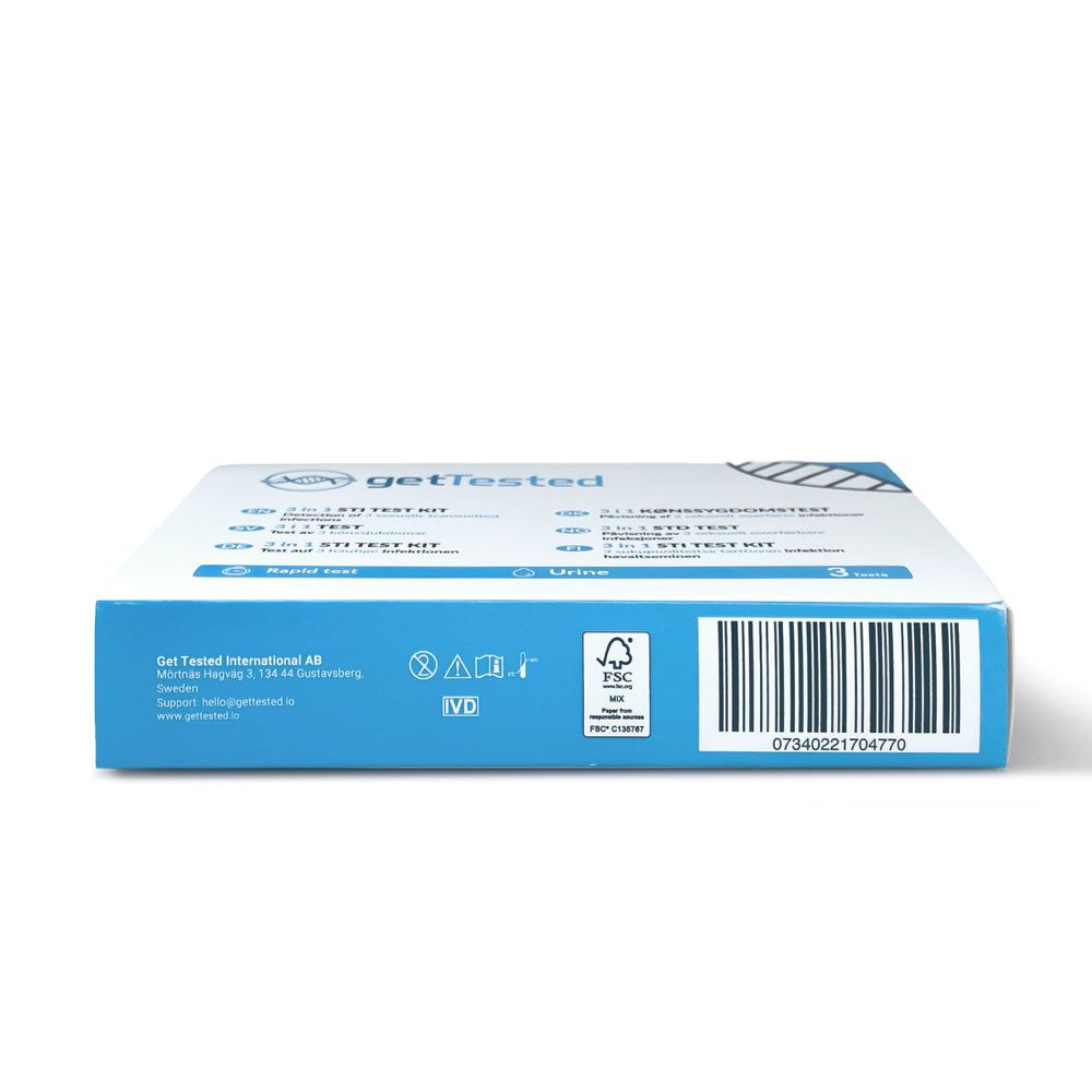 GetTested 3 in 1 STI Test Box. Unterseite mit Barcode, Text und Logos. Enthält: GetTested International AB, IVD-Symbol, FSC-Logo.