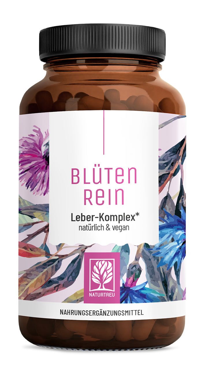 Braune Flasche mit schwarzem Deckel. Weißes Etikett mit floralem Muster und Text: Blüten Rein, Leber-Komplex, NATURTREU Logo.