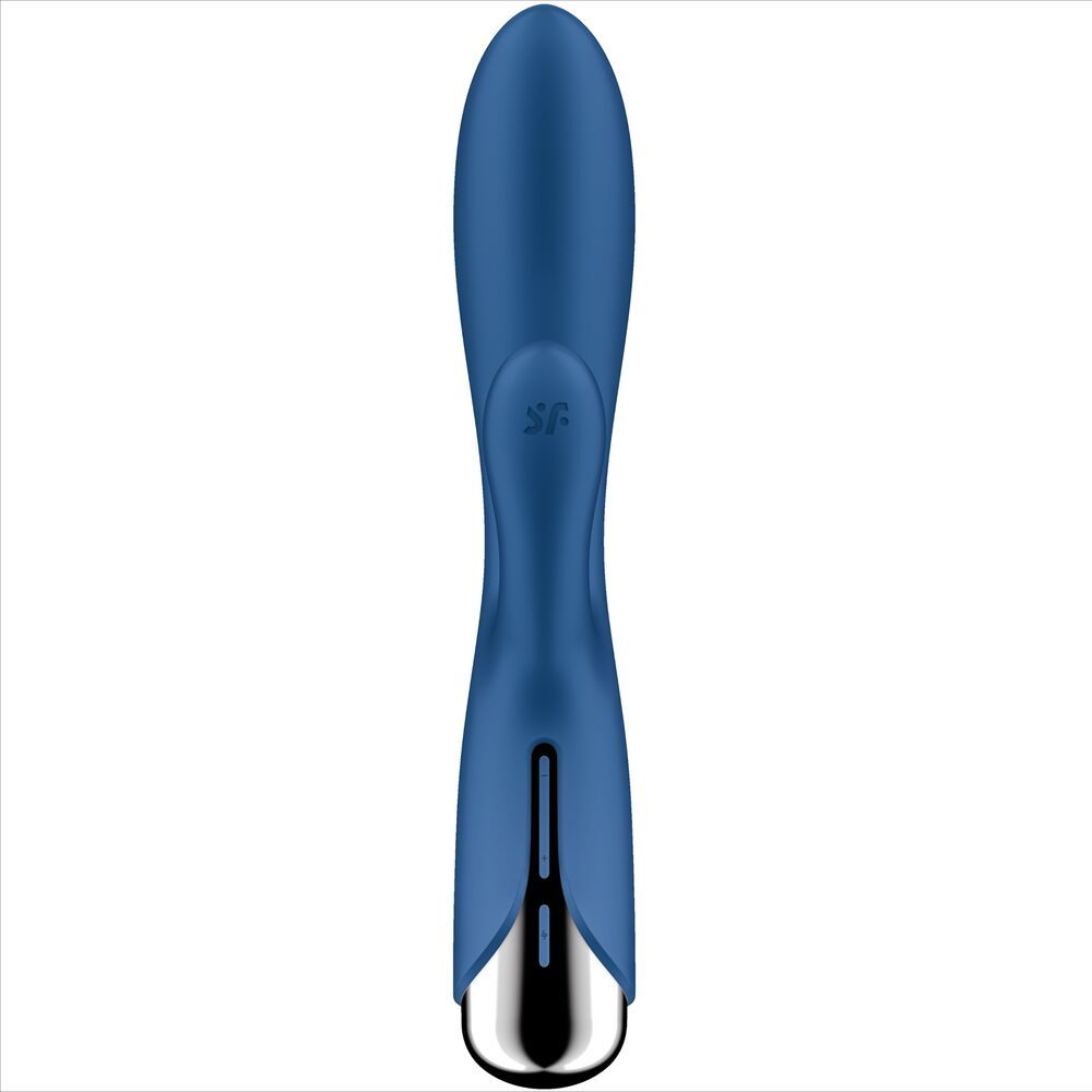 Blauer Vibrator. Silberfarbener Sockel. Form mit gebogenem Element.