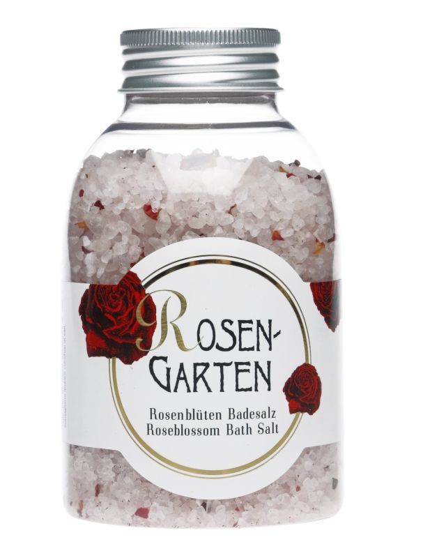 Glasflasche mit Badesalz. Etikett mit Schriftzug "Rosengarten" und Rosenblüten-Abbildung. Enthält Rosenblüten Badesalz.