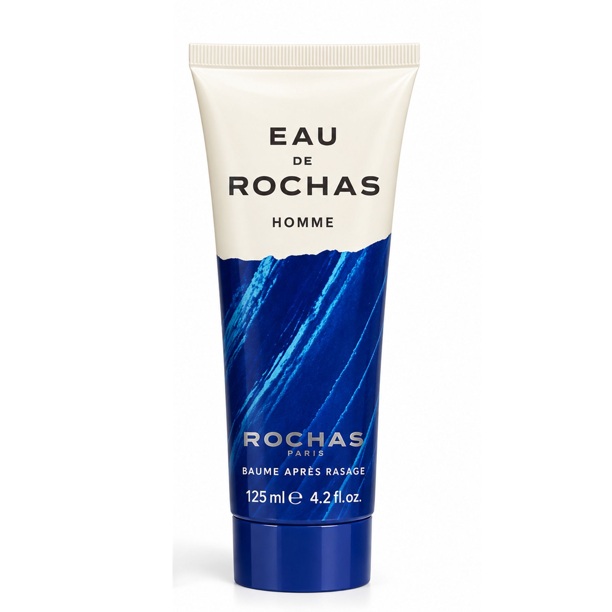 Rochas Eau de Rochas Homme After Shave Balm Tube. Weißer Schlauch mit blauen Wellenmustern und schwarzem Text.