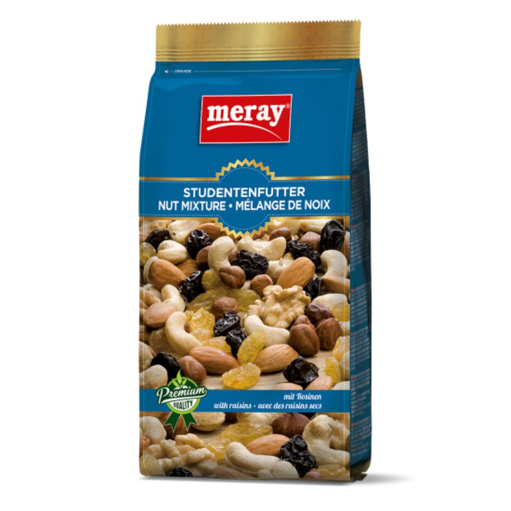 Verpackung von MERAY Studentenfutter mit Rosinen. Blaue Tüte mit goldener Oberseite. Text: Studentenfutter, Nut Mixture, Mélange de noix.