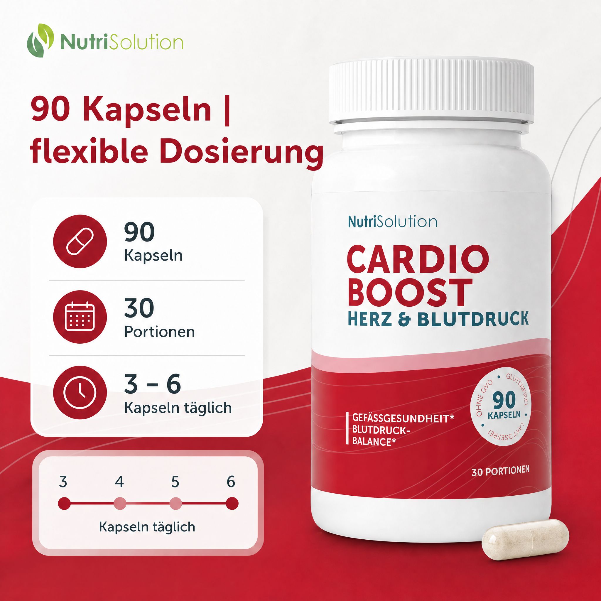 NutriSolution Cardio Boost: 90 Kapseln, 30 Portionen, flexible Dosierung.