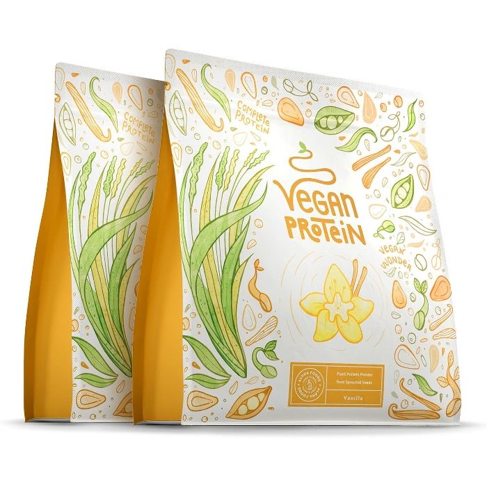 Zwei Packungen veganes Vanilleprotein mit Getreide- und Samenillustrationen.