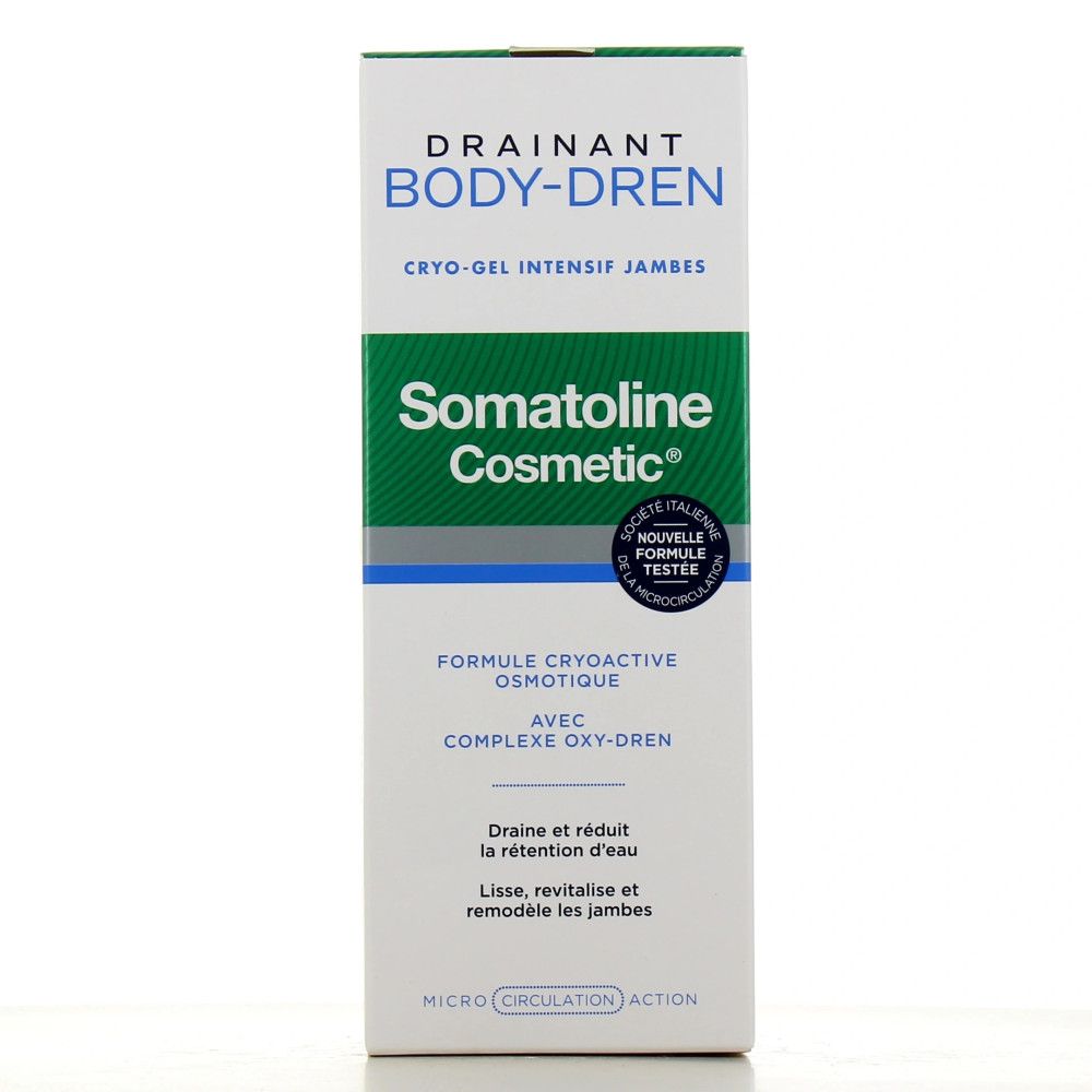 Verpackung. Text: Drainant, Body-Dren, Cryo-Gel Intensif Jambes, Somatoline Cosmetic, Formel, mit Komplex Oxy-Dren.