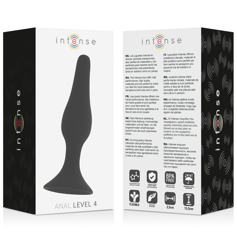 Produktverpackung mit Analplug. Verpackung mit Logo, Text und Zertifizierungen. Text: "Intense - Anal Level 4".