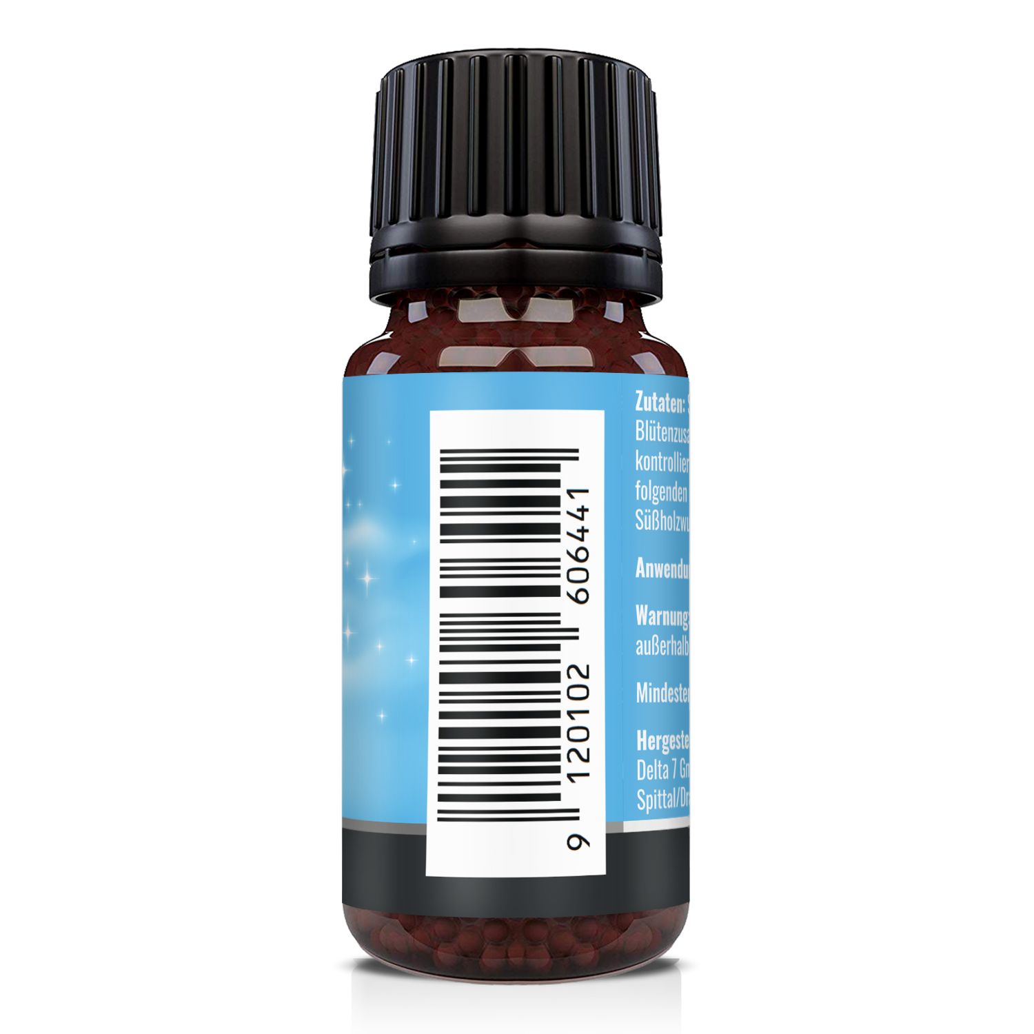 Rückseite der braunen Glasflasche mit schwarzem Deckel. Blaues Etikett mit Barcode und Sternenmuster.