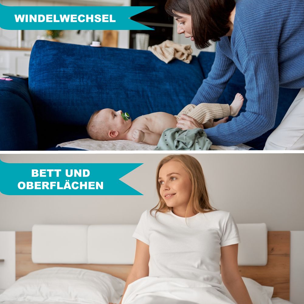 Zwei Szenen: Baby beim Wickeln und auf dem Bett. Text: Windelwechsel, Bett und Oberflächen.