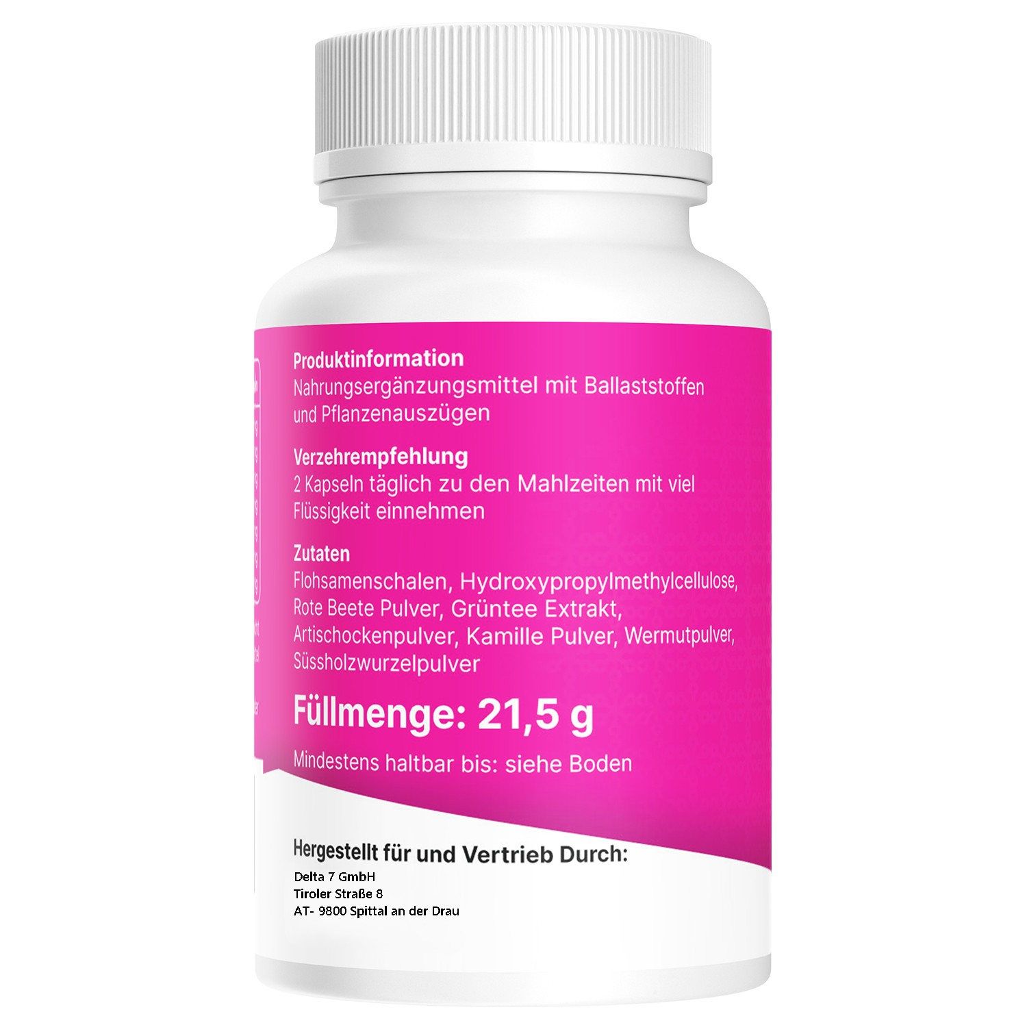 Rückseite der weißen Flasche mit pinkfarbenem Etikett. Produktinformationen, Verzehrempfehlung, Zutaten, Füllmenge: 21,5 g.