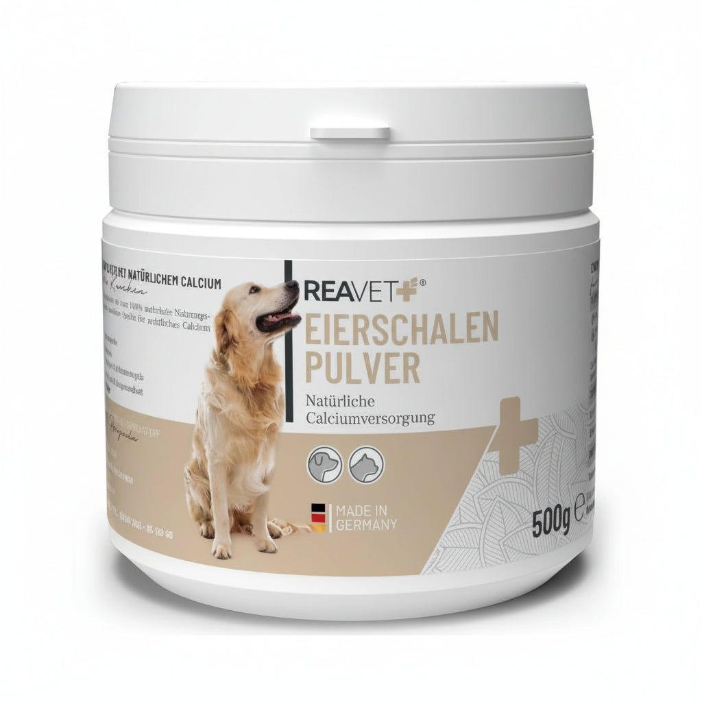 Weiße Dose mit ReaVET Eierschalenpulver. Enthält Text, ein Bild eines Hundes und die Aufschrift "500g e".