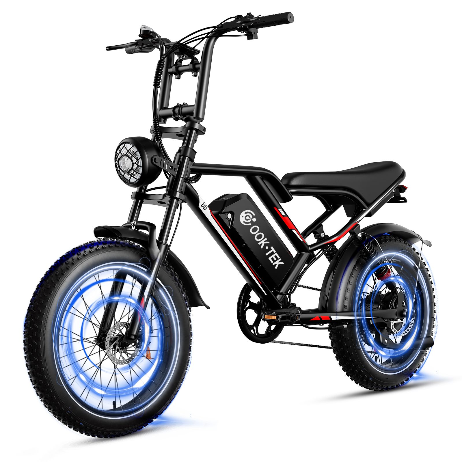Schwarzes Elektrofahrrad mit breiten Reifen. Blaue Lichteffekte an den Rädern. OOK-TEK Logo auf der Batterie.