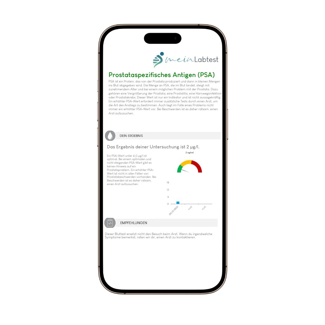 Smartphone mit Meinlabtest-App. Anzeige von Testergebnissen und Informationen zum PSA-Test.