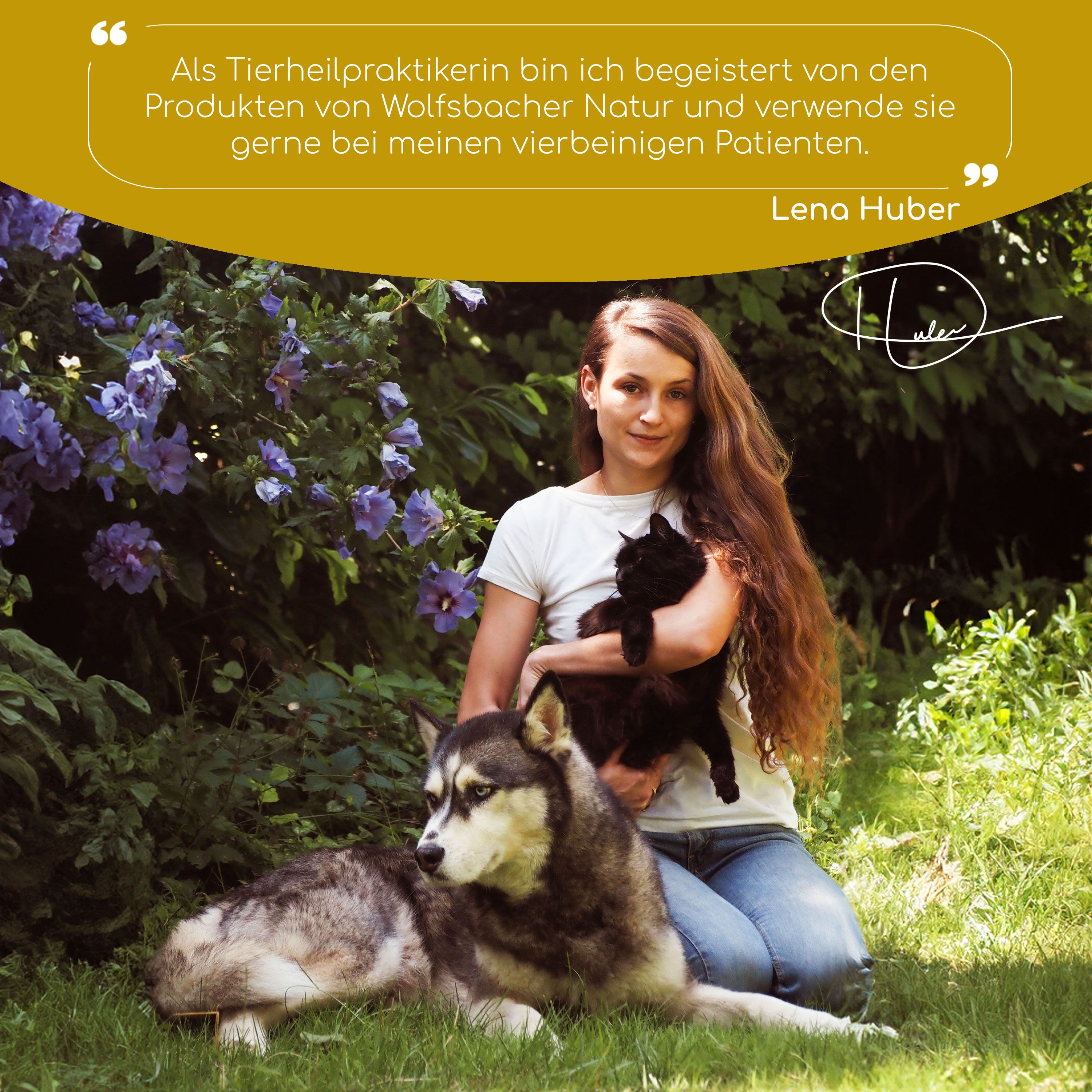 Frau mit Hund und Katze im Garten. Zitat: Begeistert von den Produkten von Wolfsbacher Natur.