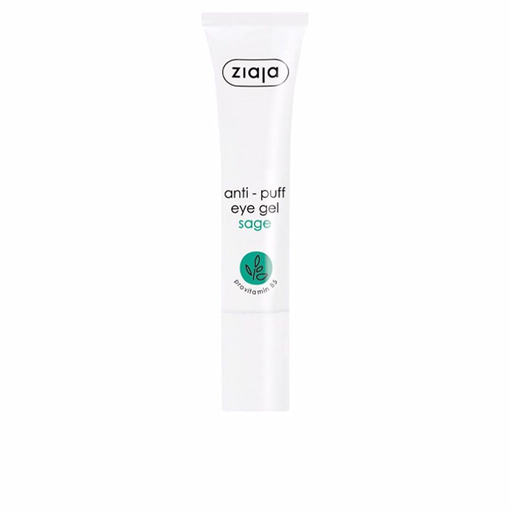 Weiße Tube mit grünem Etikett. Aufschrift: Ziaja, Anti-Puff Eye Gel Sage. Mit Salbei-Blatt-Symbol.