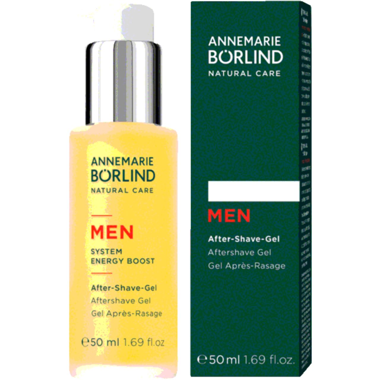 ANNEMARIE BÖRLIND MEN After-Shave-Gel. Gel gelblich, Flasche mit Pumpe. Aufschrift MEN, 50 ml.