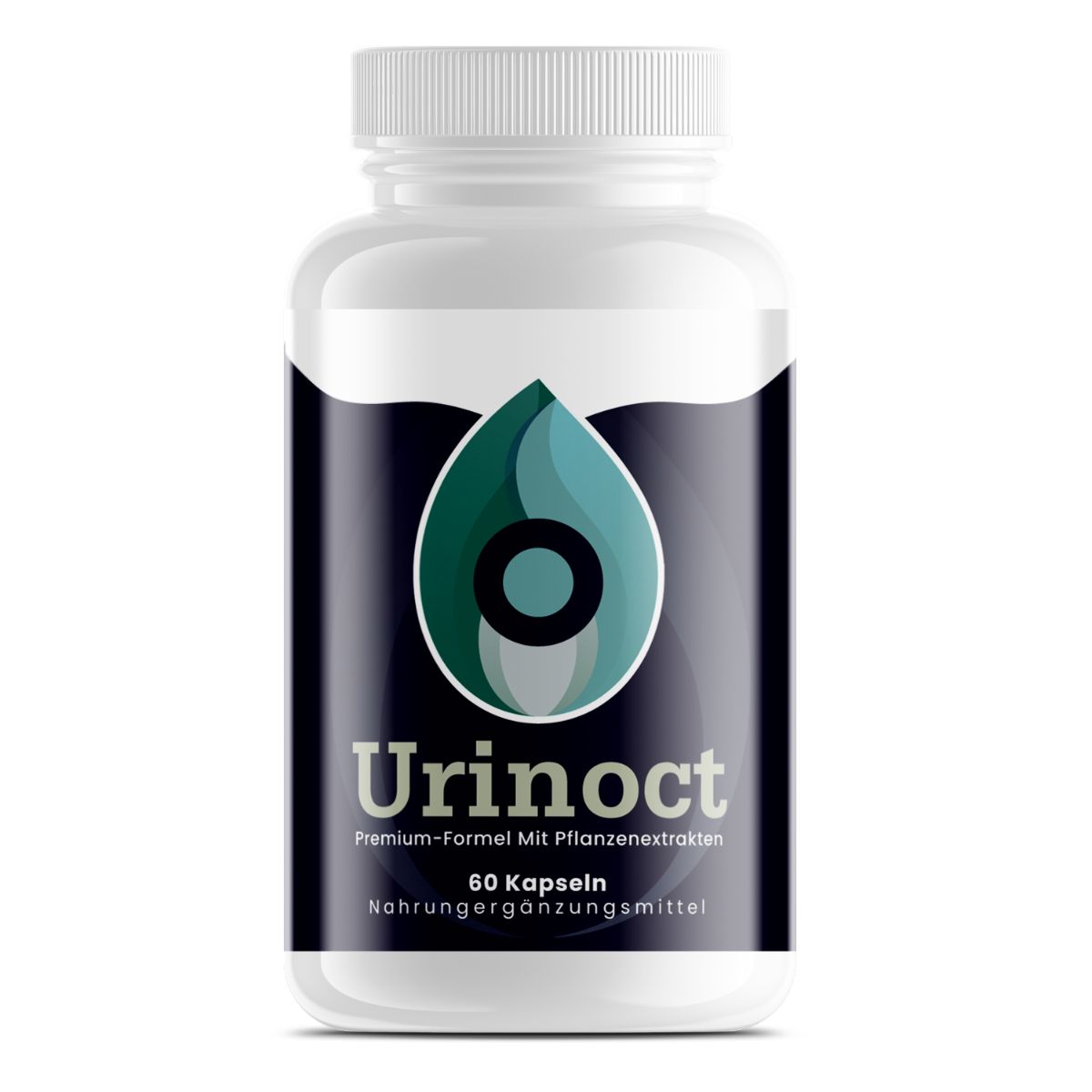 Weiße Flasche mit schwarzem Etikett. Aufschrift: Urinoct, 60 Kapseln, Nahrungsergänzungsmittel. Tropfen-Logo.