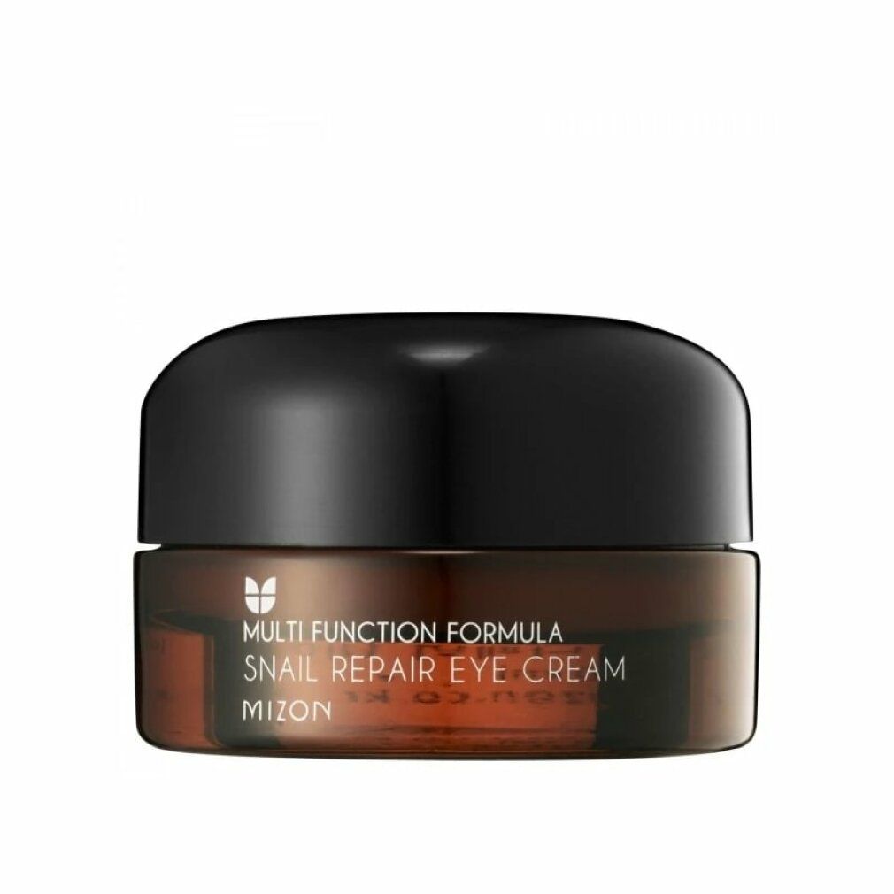 Braune Glasdose mit schwarzem Deckel. Aufschrift: Multi Function Formula Snail Repair Eye Cream MIZON.