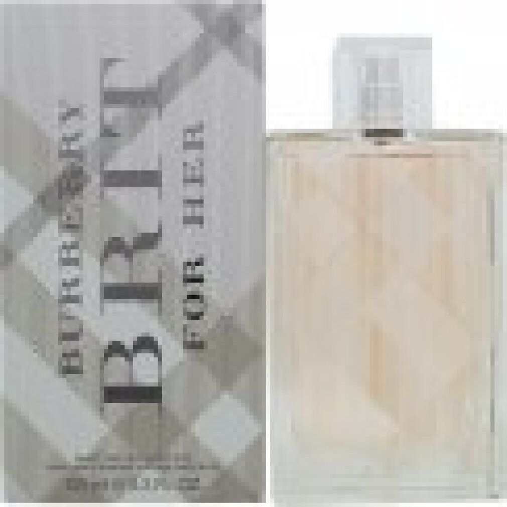 Parfümflakon und Schachtel. Aufschrift: Burberry Brit for Her. Grau-weißes Karomuster. Transparenter Sprühkopf.