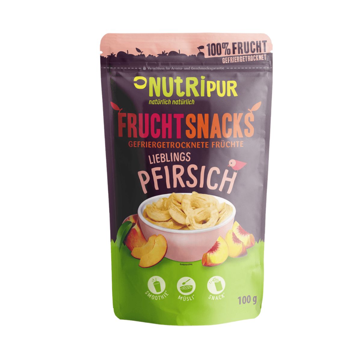 Verpackung mit gefriergetrockneten Pfirsich-Fruchtsnacks. Marke NutriPur. Aufschrift: 100% Frucht, 100g.