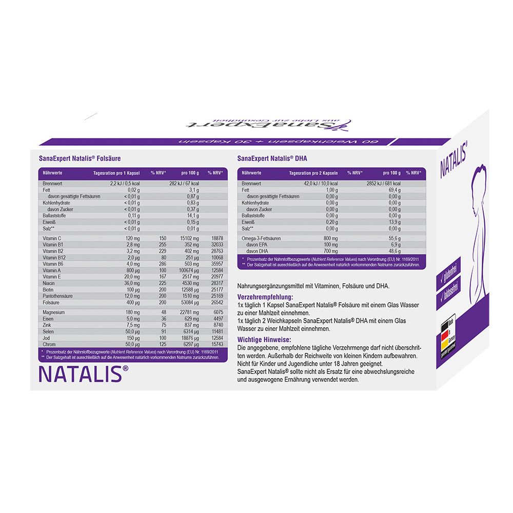 SanaExpert NATALIS. Nährwertangaben auf der Verpackung. Enthält Vitamine, Folsäure und DHA. Weiße Schachtel mit lila Akzenten.