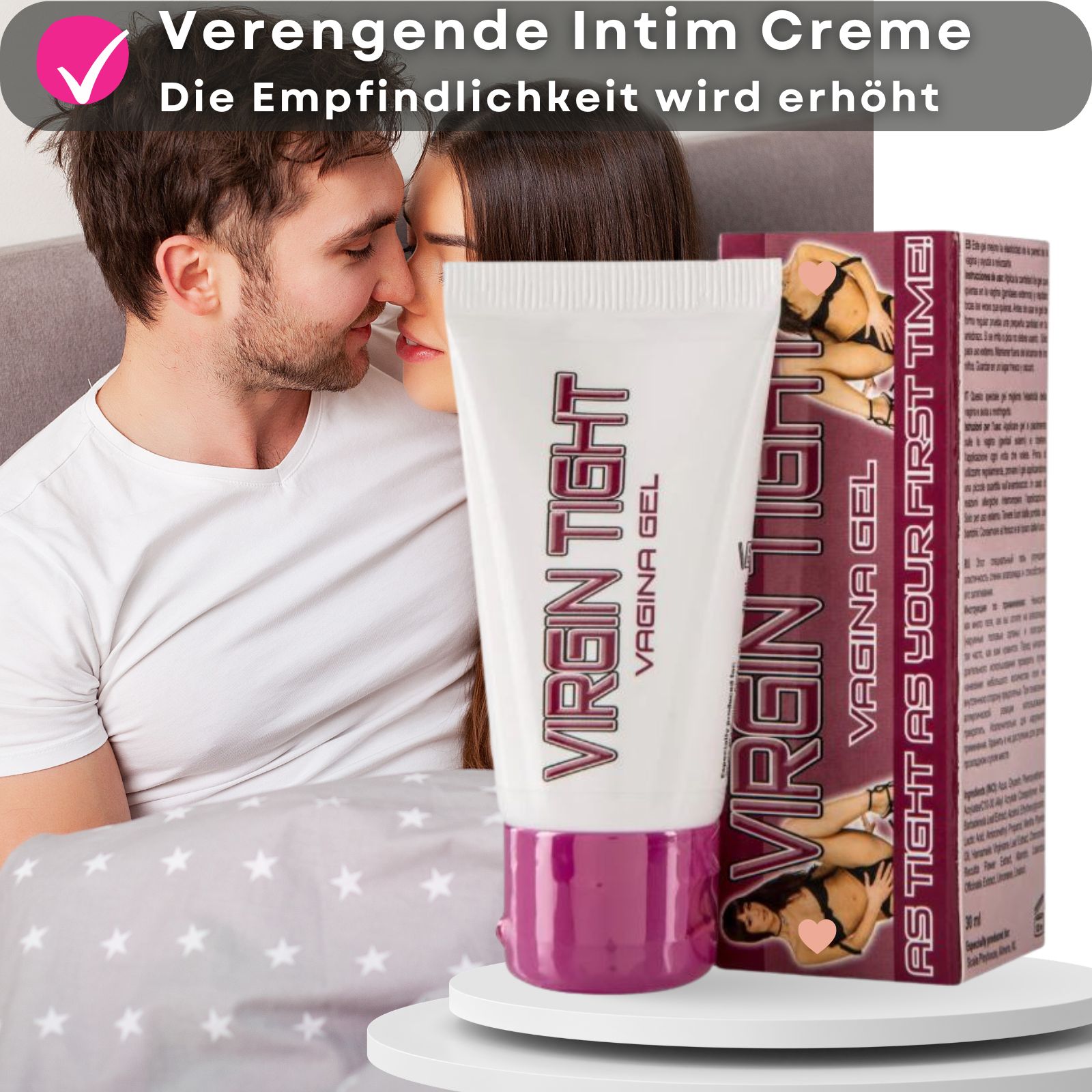 Tube VIRGIN TIGHT VAGINA GEL und Verpackung. Text: Verengende Intim Creme, erhöht die Empfindlichkeit.