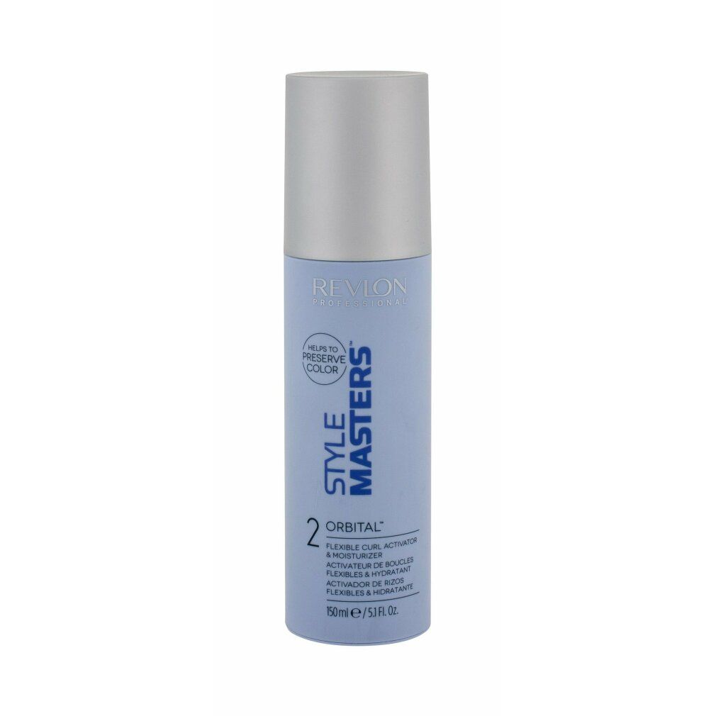 Revlon Style Masters 2 Orbital. Flexible Curl Activator & Moisturizer. Hellblaue Flasche mit silbernem Deckel. Produktbeschriftung.