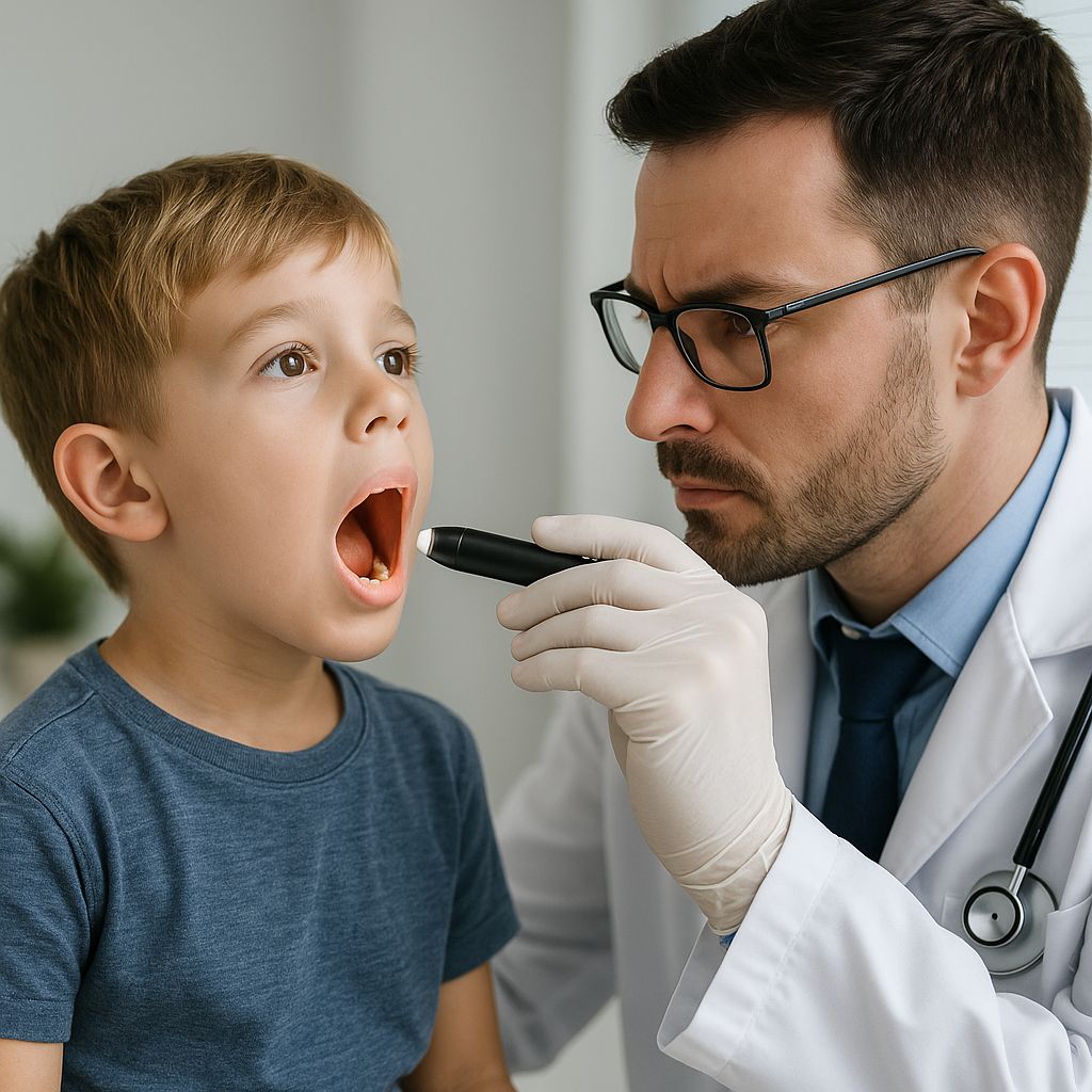 Arzt untersucht Kind mit Diagnostikleuchte. Kind öffnet Mund. Arzt trägt Kittel und Handschuhe.