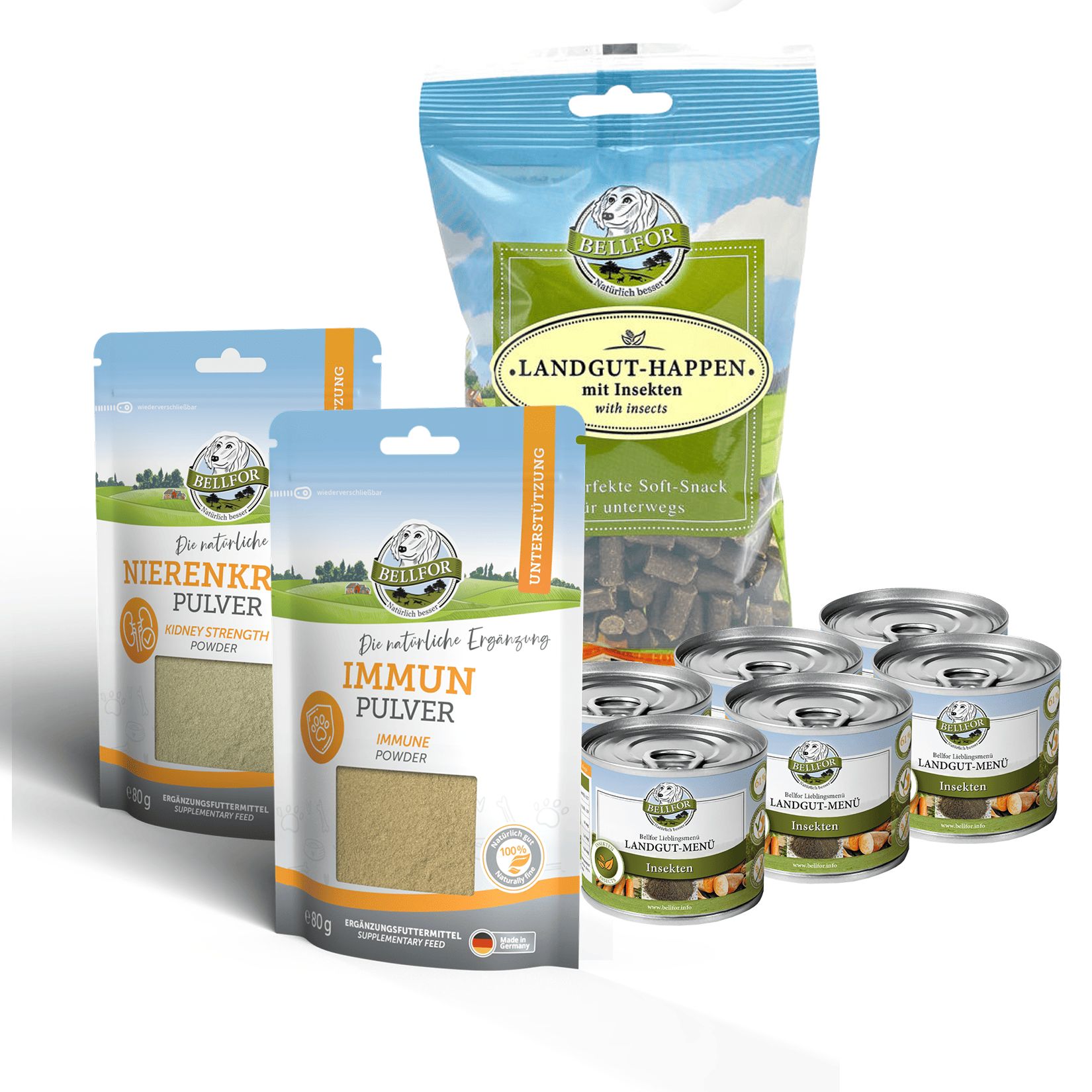 Sparset mit Hundefutter. Enthält Beutel und Dosen mit Aufschriften wie "Nierenkraft Pulver", "Immun Pulver" und "Landgut-Happen".