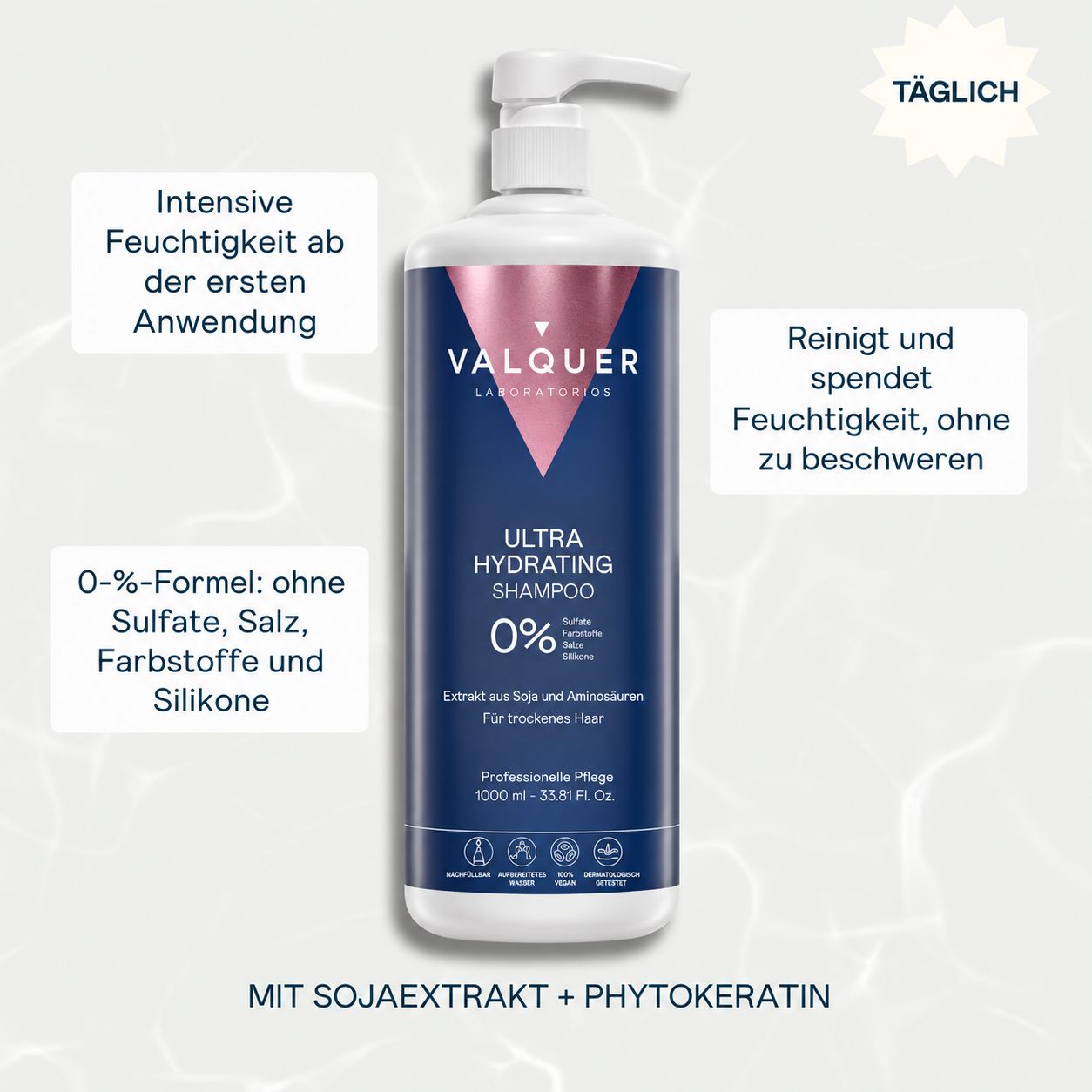 Valquer Ultra Hydrating Shampoo, 1000ml, 0% Sulfat, Salz, Farbstoffe, Silikone.