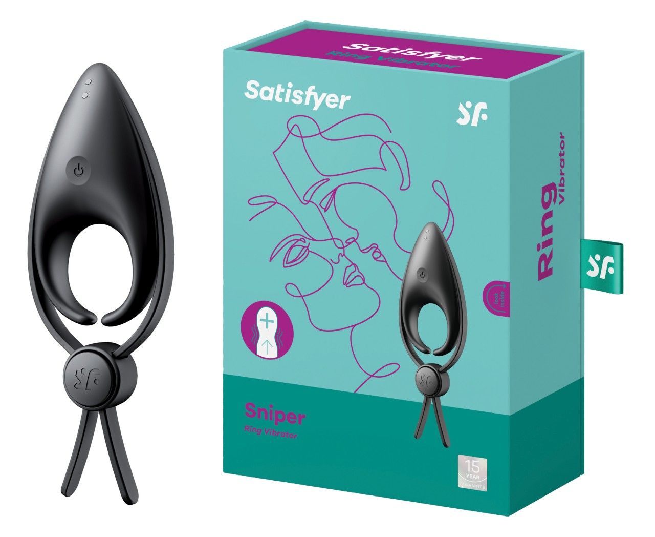 Produkt und Verpackung. Schwarzer Ringvibrator und Schachtel mit Produktbild und Schriftzug Satisfyer Sniper Ringvibrator.