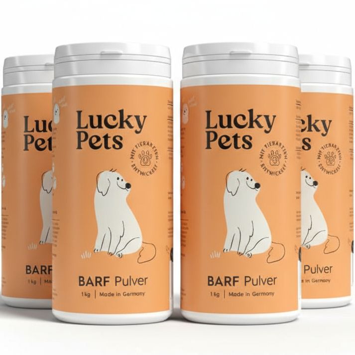 Mehrere Dosen. Aufschrift: Lucky Pets. Barf Pulver. 1 kg. Made in Germany. Abbildung eines Hundes.