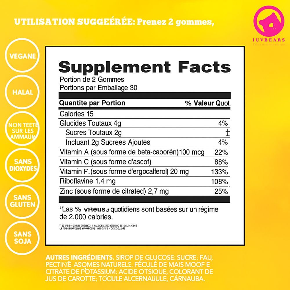 Tableau nutritionnel sur fond jaune. Contient des informations sur les calories, les glucides, les sucres, les vitamines et les minéraux.