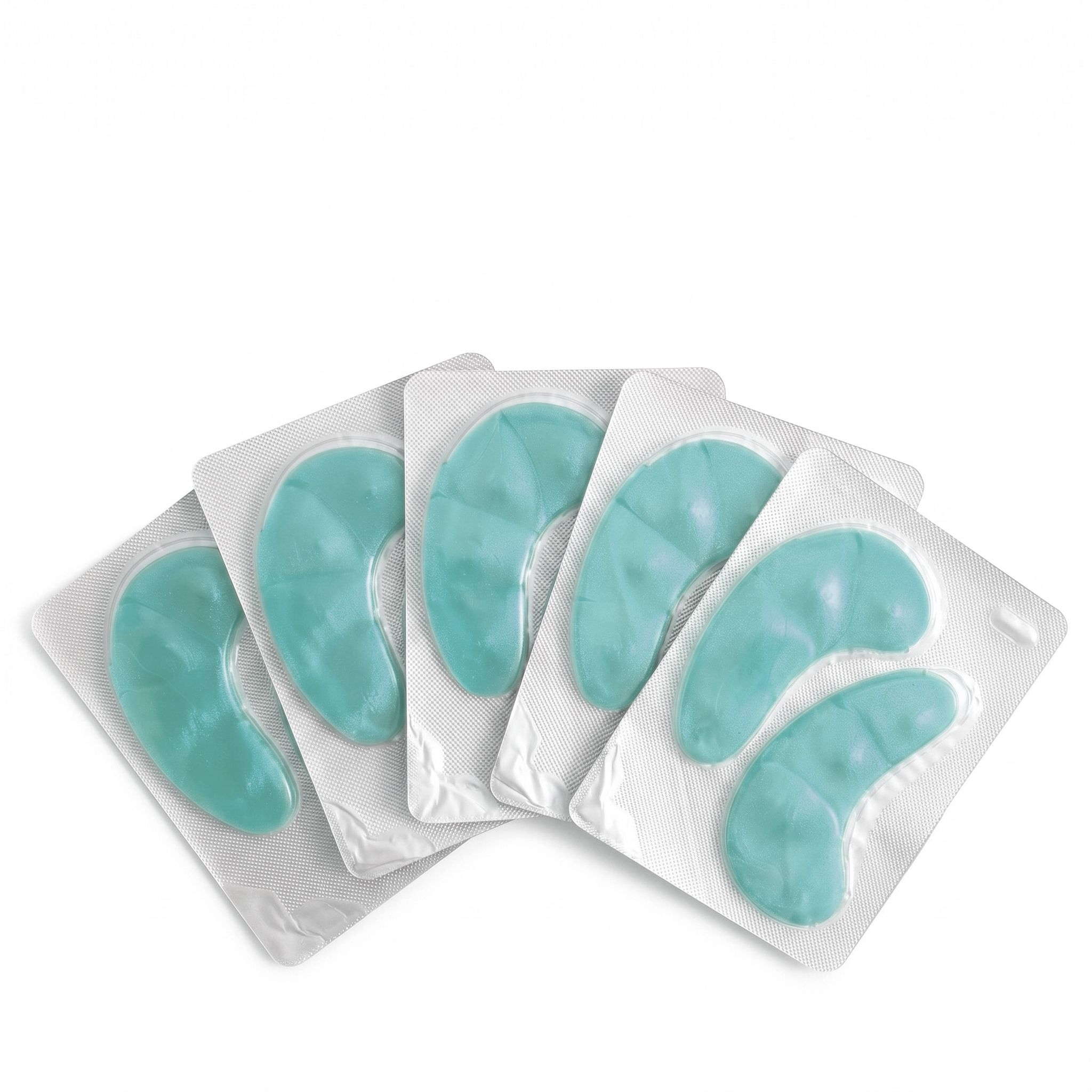 Fünf einzelne Packungen mit türkisfarbenen Hydrogel-Augenpads, fächerförmig angeordnet.