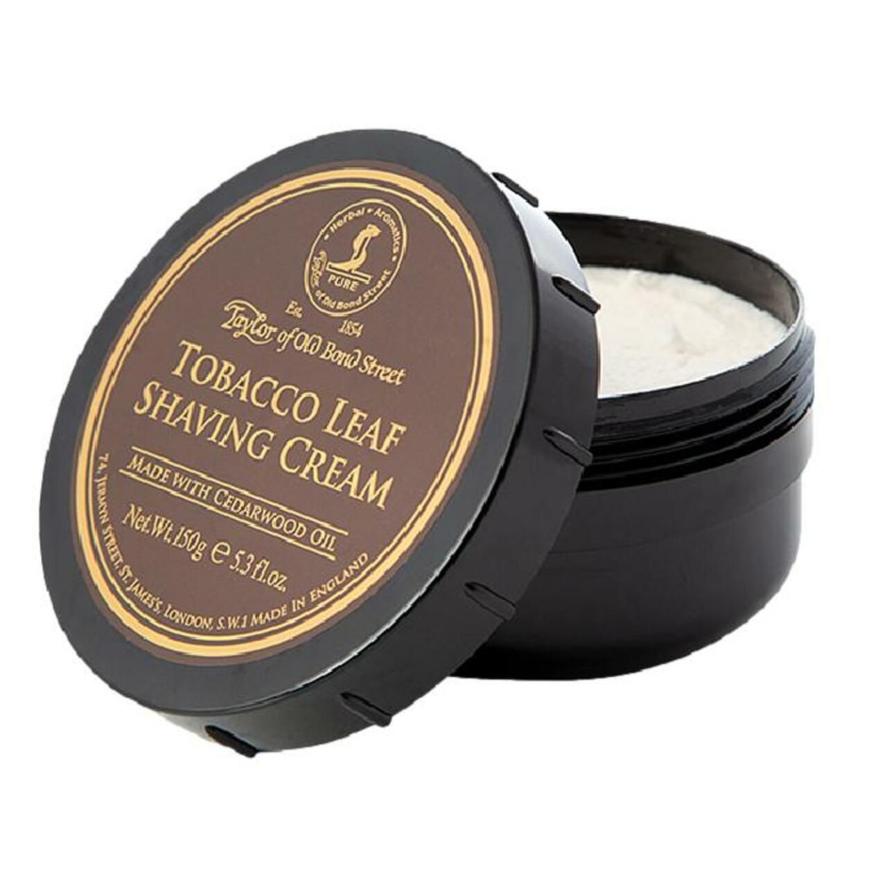 Rasiercreme-Tiegel, Deckel geöffnet. Aufschrift: Tobacco Leaf Shaving Cream. Brauner Deckel, schwarzer Tiegel. Creme sichtbar.