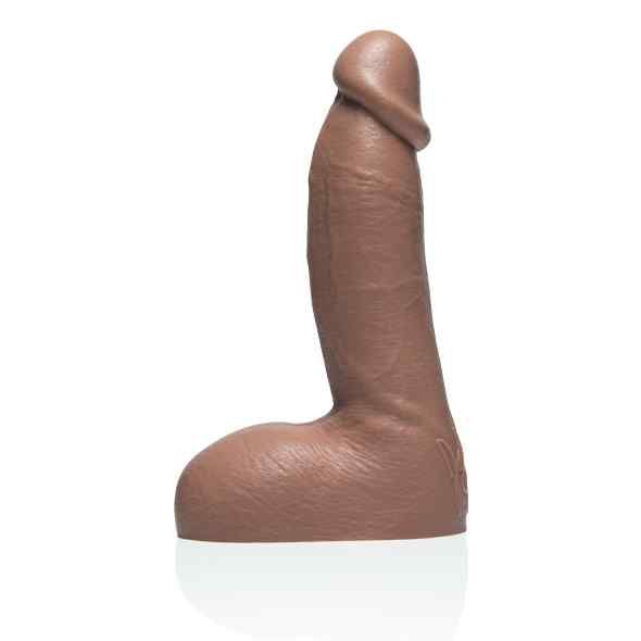 Brauner Dildo, aufrecht stehend. Anatomische Form, leicht gekrümmt. Auf weißem Hintergrund.