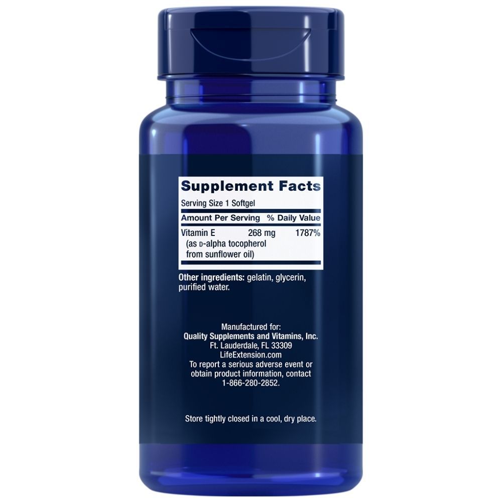 Blauer Behälter mit Vitamin E Softgel Kapseln. Supplement Facts zeigen 268 mg Vitamin E (als alpha-Tocopherol aus Sonnenblumenöl).