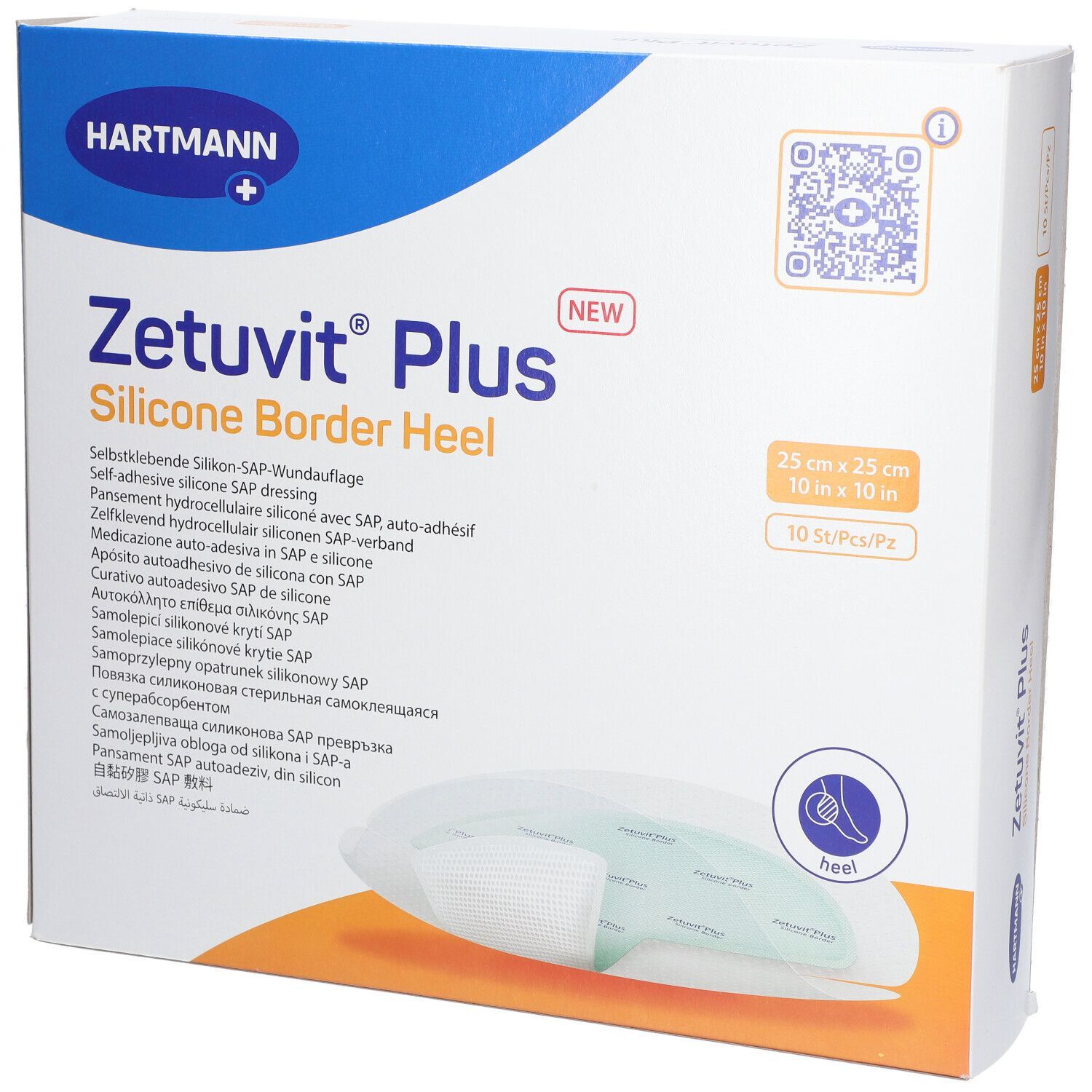 Verpackung von Zetuvit® Plus Silicone Border Heel. Größe: 25 x 25 cm. Marke Hartmann. Enthält 10 Stück.